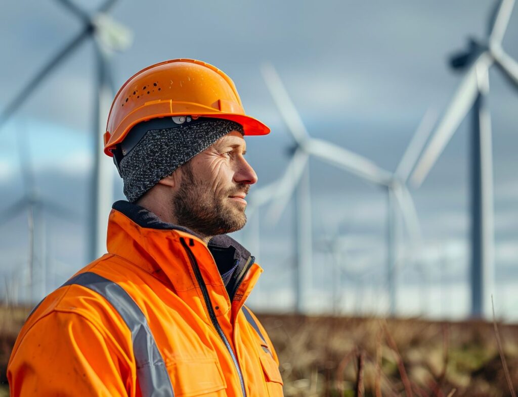 vecteezy_ai-generated-engineer-in-safety-gear-at-wind-farm_41262218 Wind Turbine Lifting Operator standing in front of wind turbines