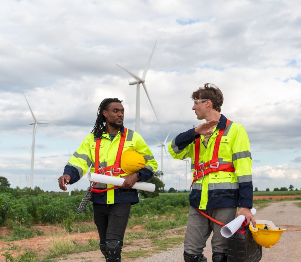 Two wind turbine operators during an onshore wind farm inspection
