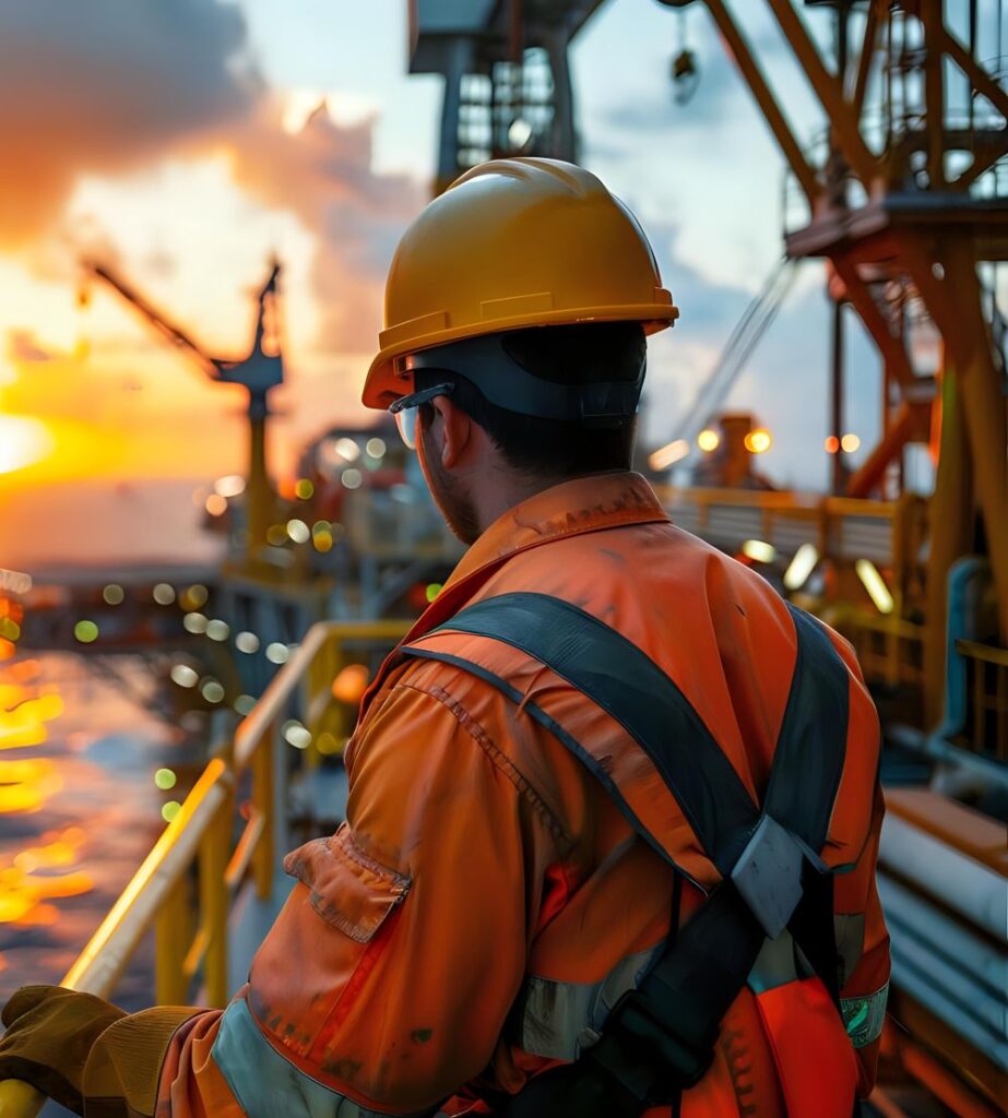 vecteezy_offshore-worker-contemplates-sunset-views-an-industry_54900043 Offshore Energy rig worker looking out to sea