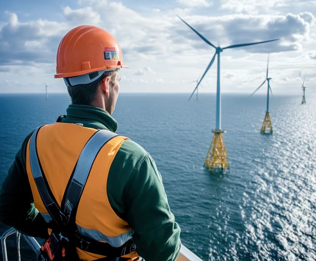 Wind Turbine Operator looking out on offshore wind farms